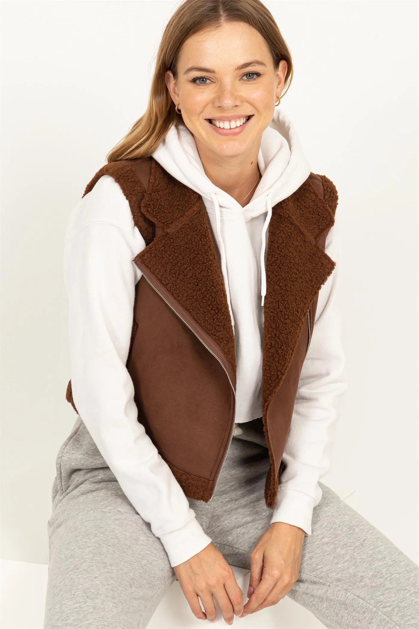 HF24C536-D-Faux Suede Teddy Fur  Crop Vest