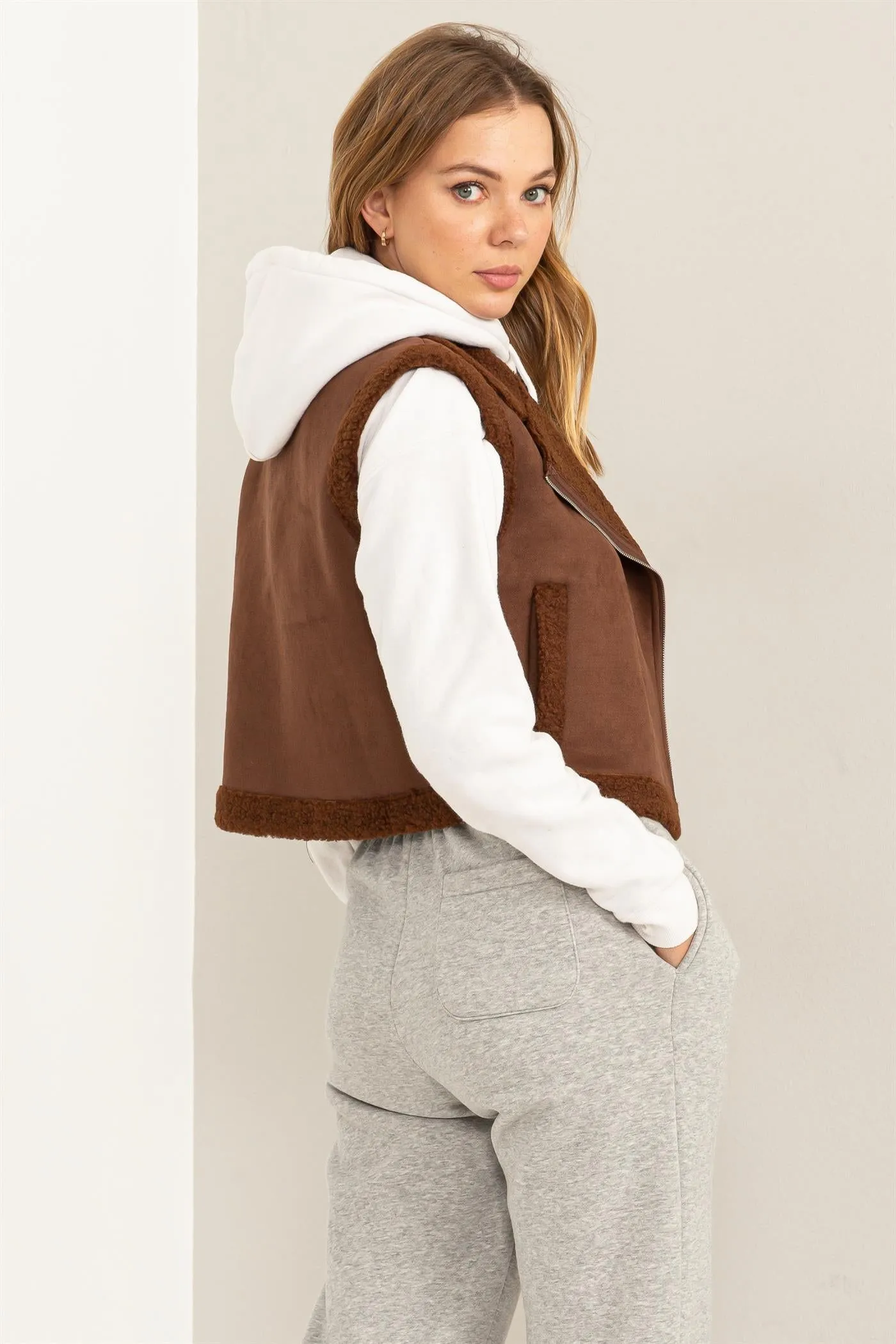 HF24C536-D-Faux Suede Teddy Fur  Crop Vest