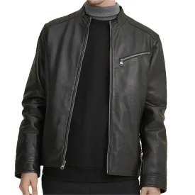 Lambskin Leather Jacket with Diagonal Zipper On Chest