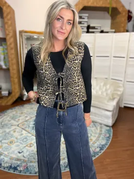 Leopard Print Tie Front Denim Vest