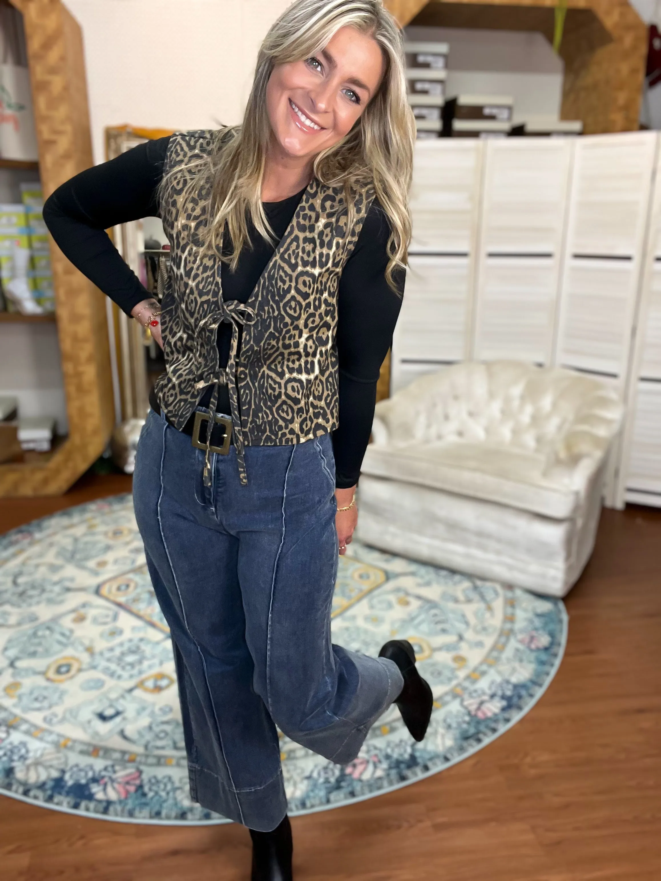 Leopard Print Tie Front Denim Vest