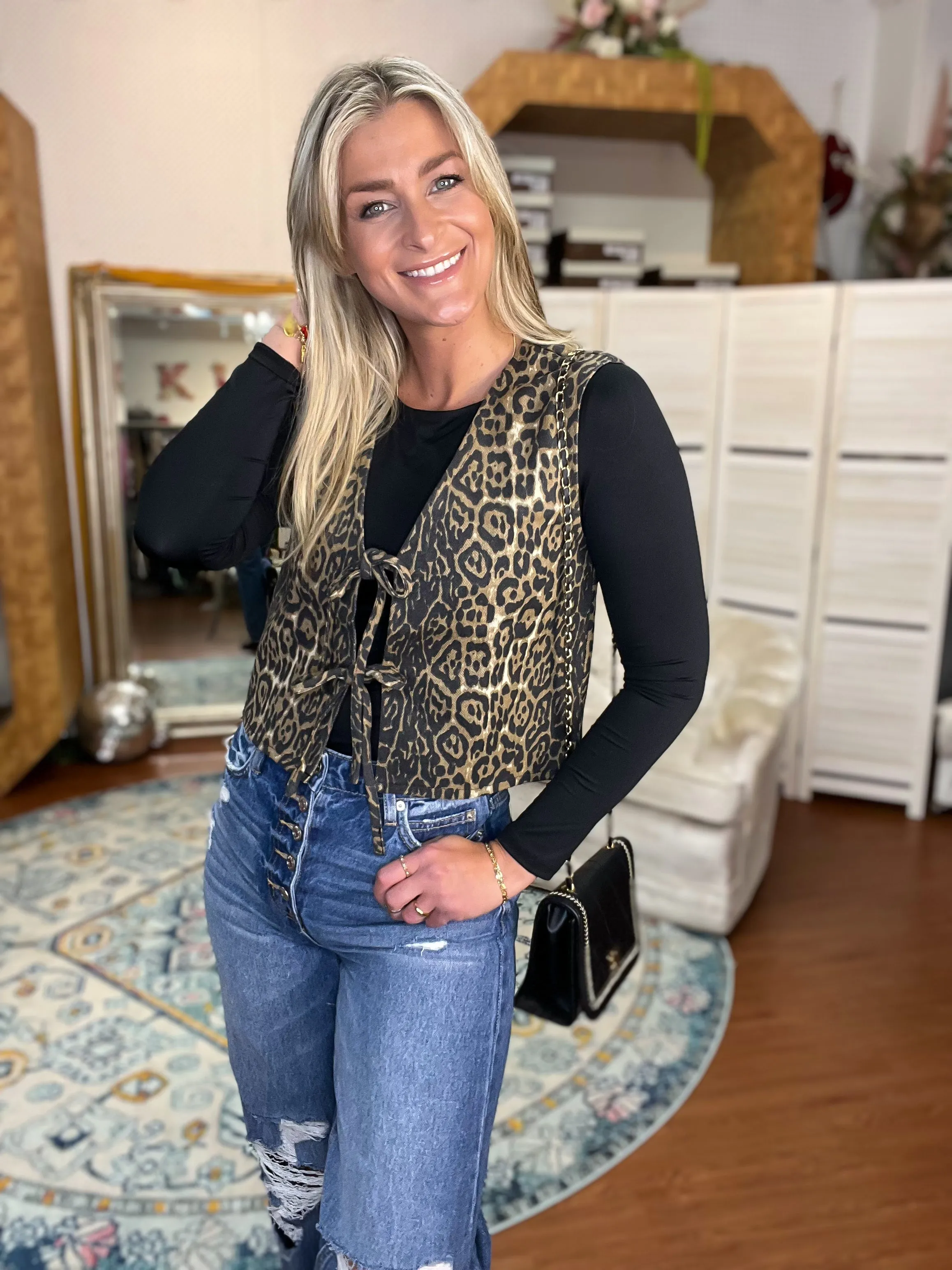 Leopard Print Tie Front Denim Vest