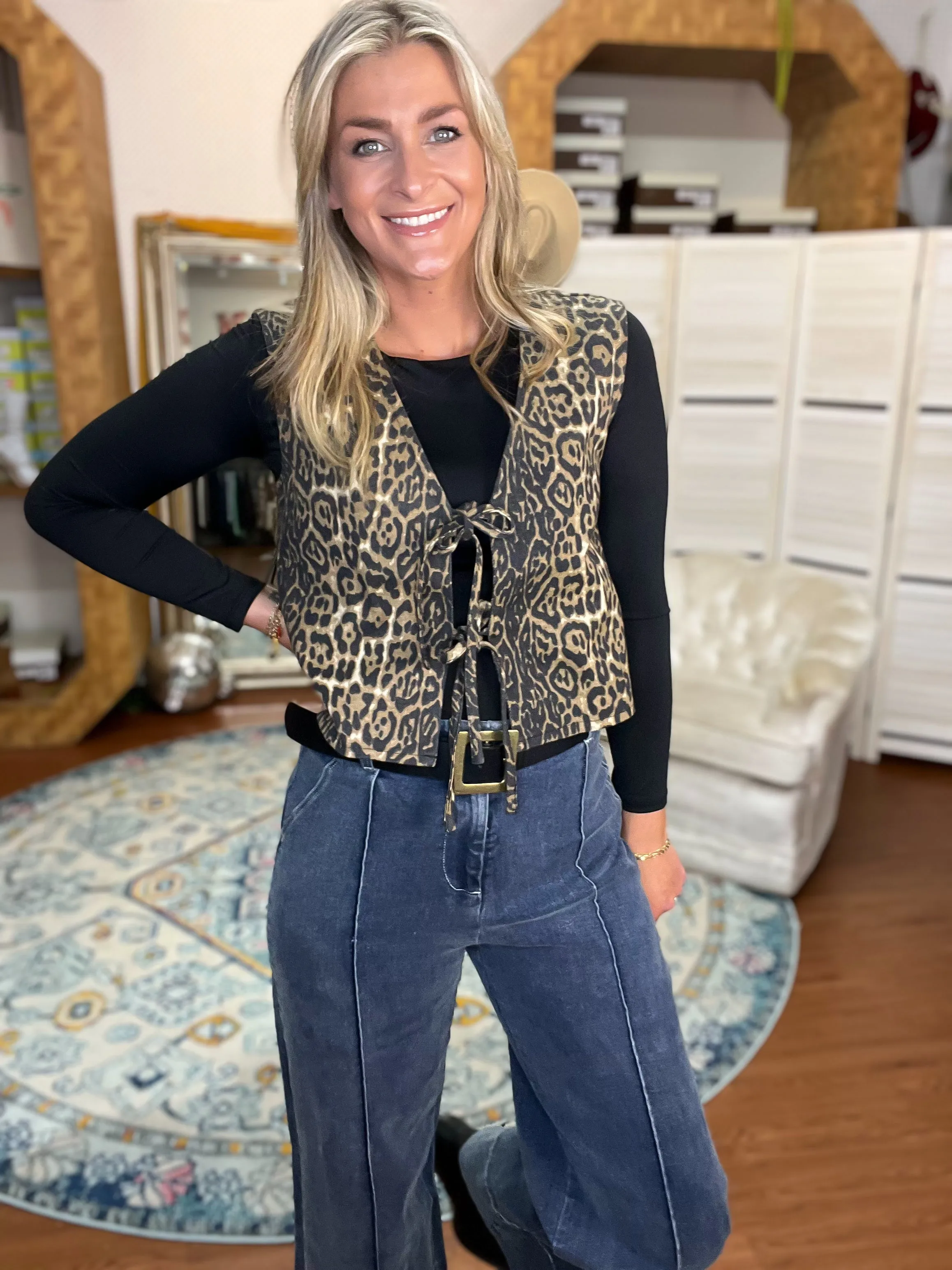 Leopard Print Tie Front Denim Vest