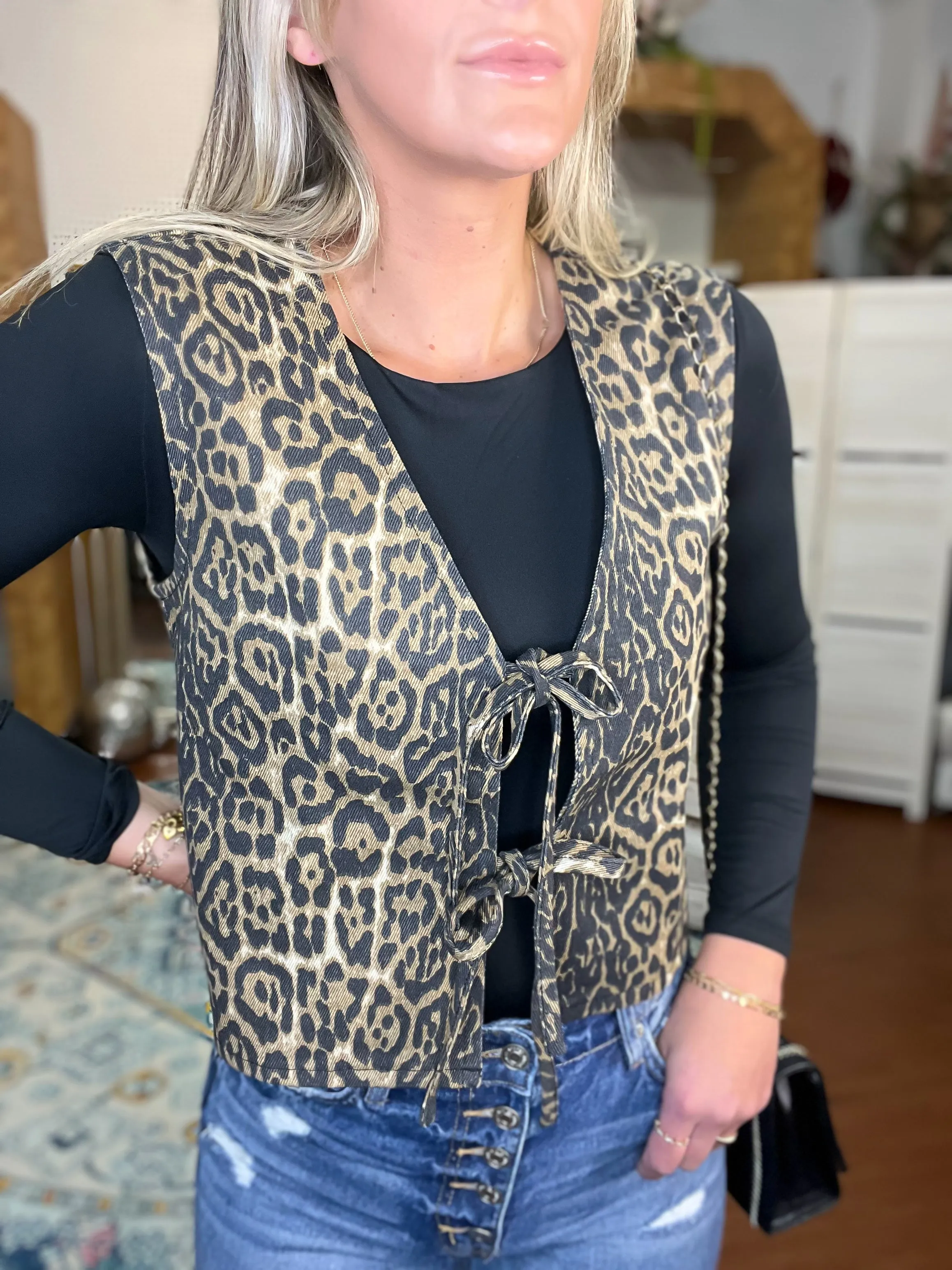 Leopard Print Tie Front Denim Vest