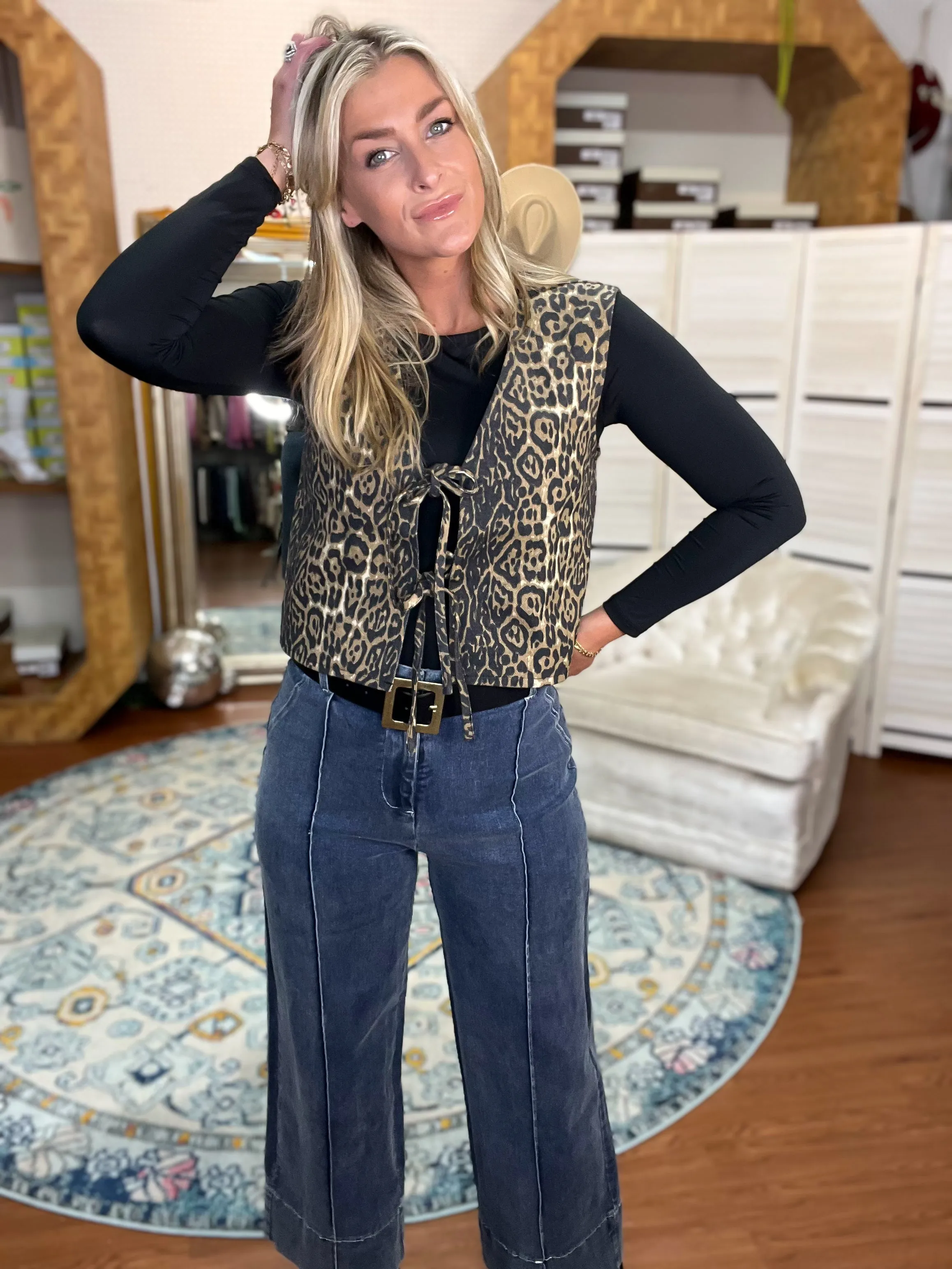 Leopard Print Tie Front Denim Vest