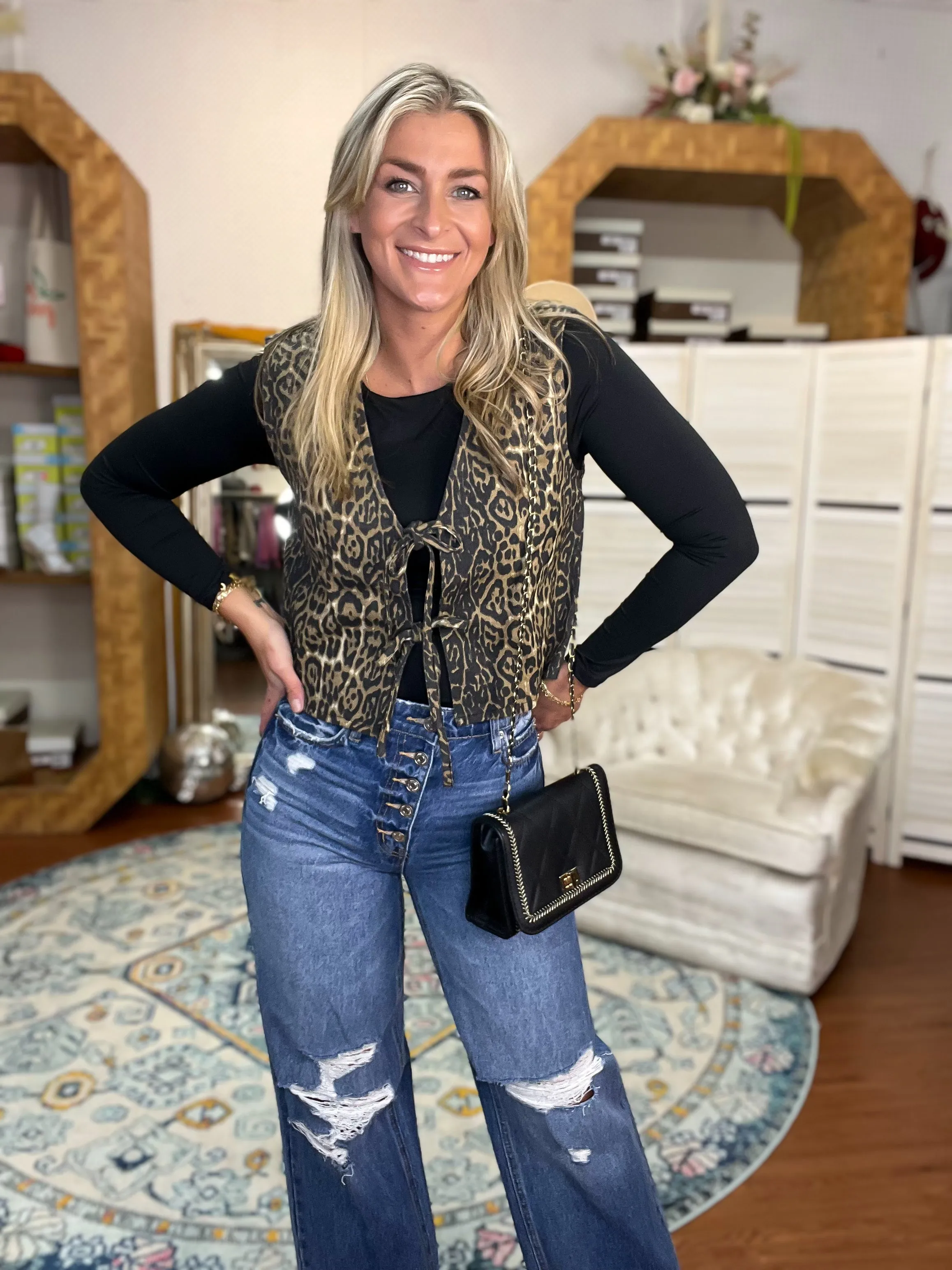 Leopard Print Tie Front Denim Vest