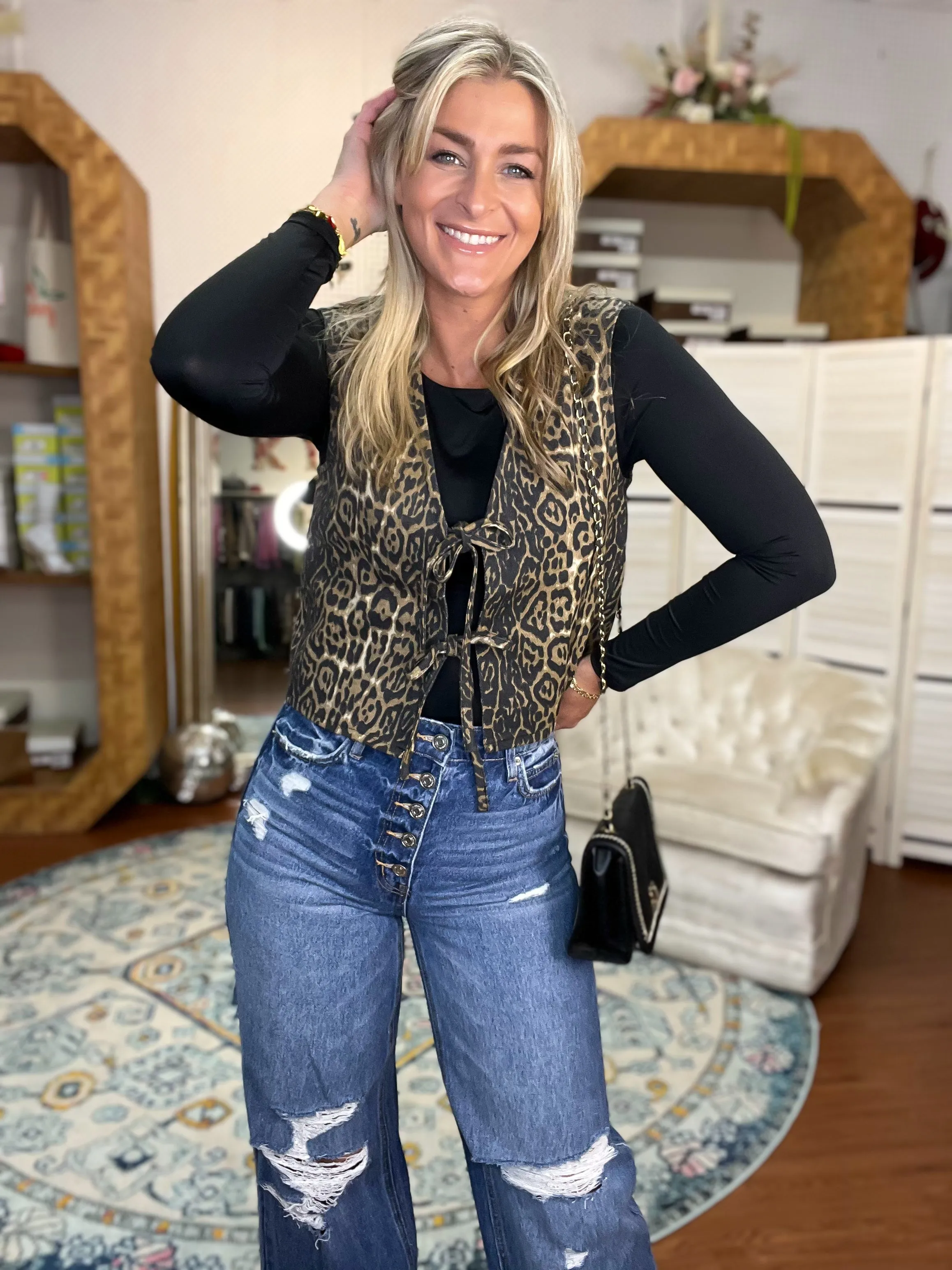 Leopard Print Tie Front Denim Vest