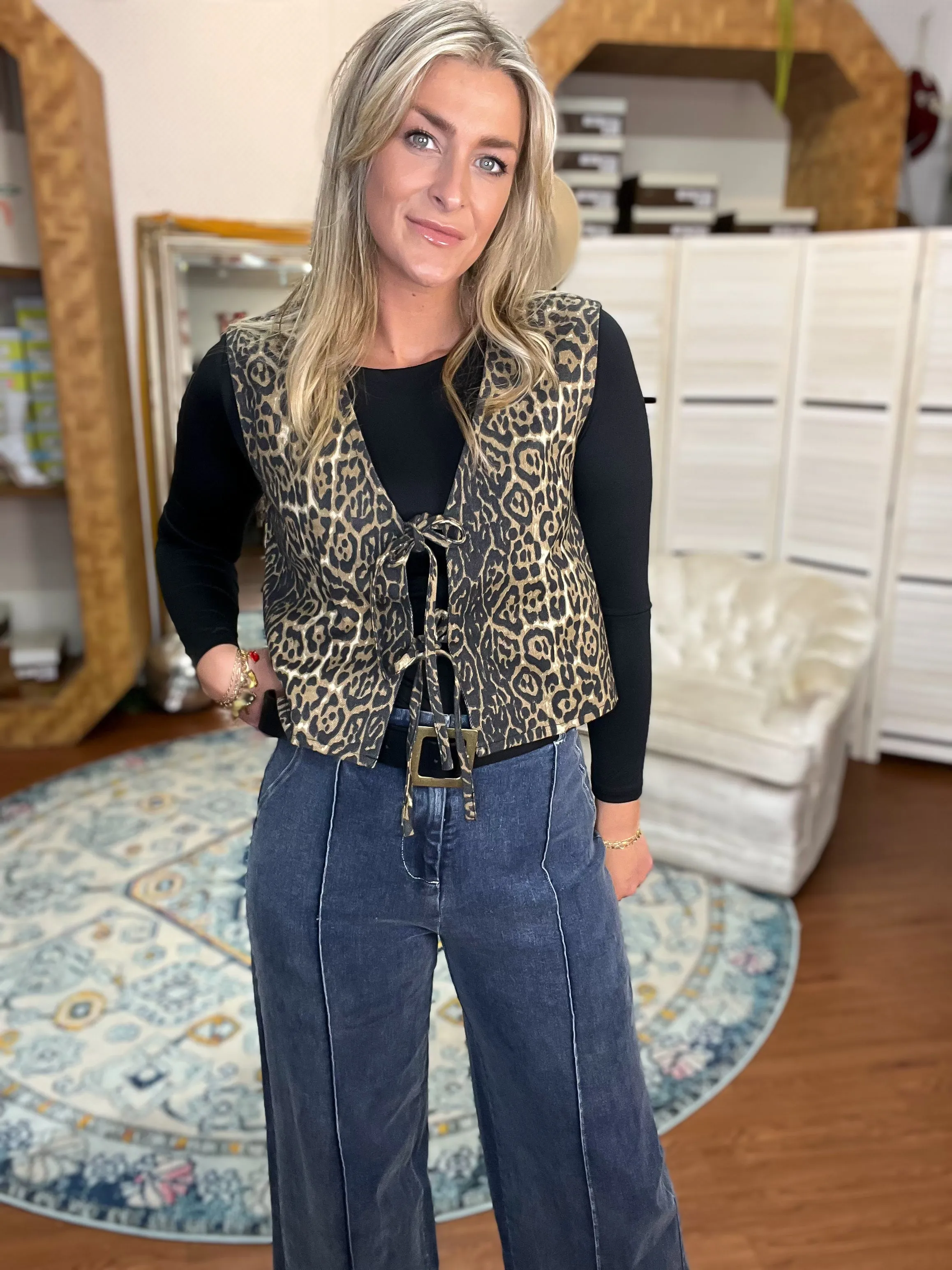 Leopard Print Tie Front Denim Vest