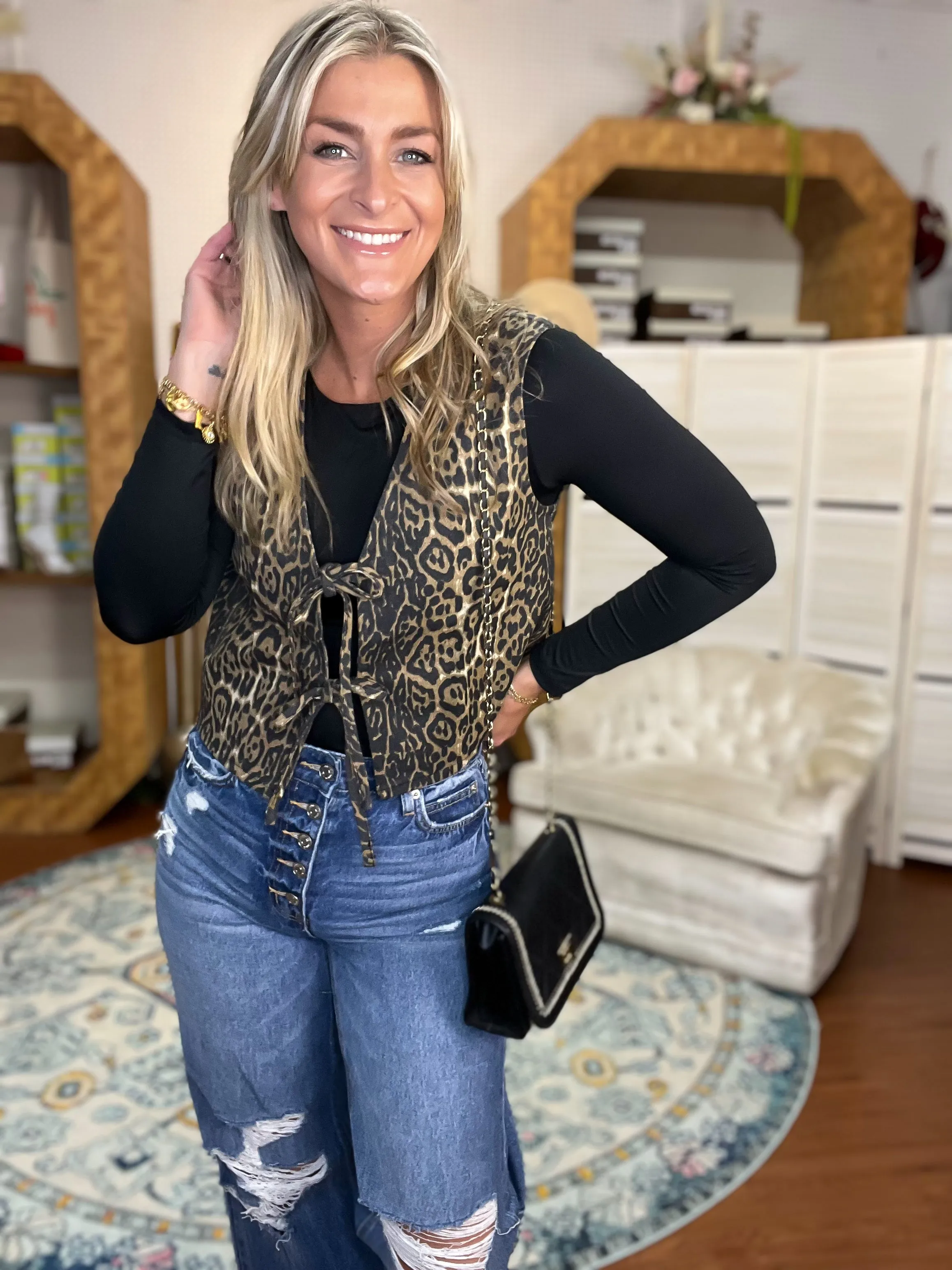Leopard Print Tie Front Denim Vest