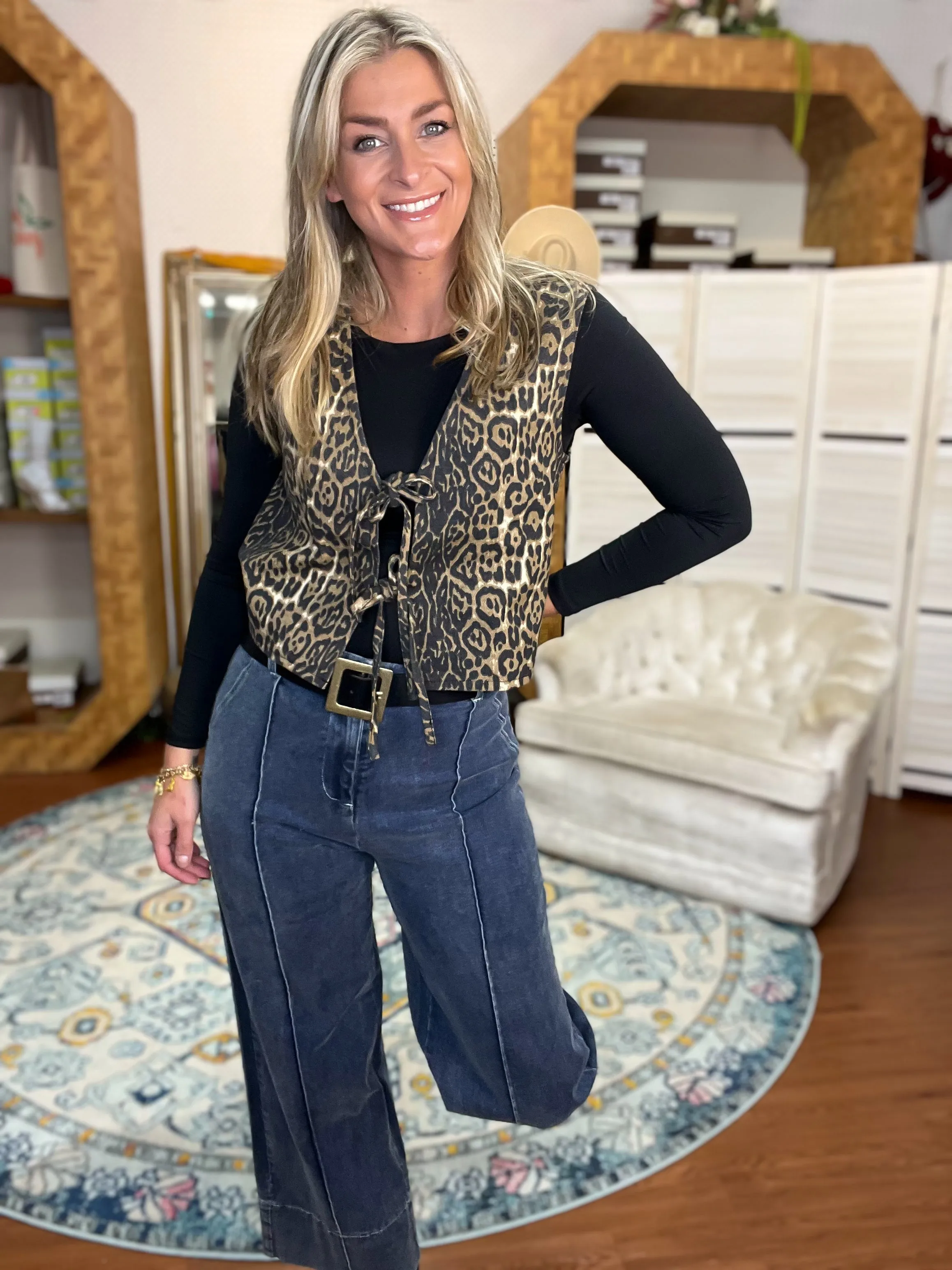 Leopard Print Tie Front Denim Vest