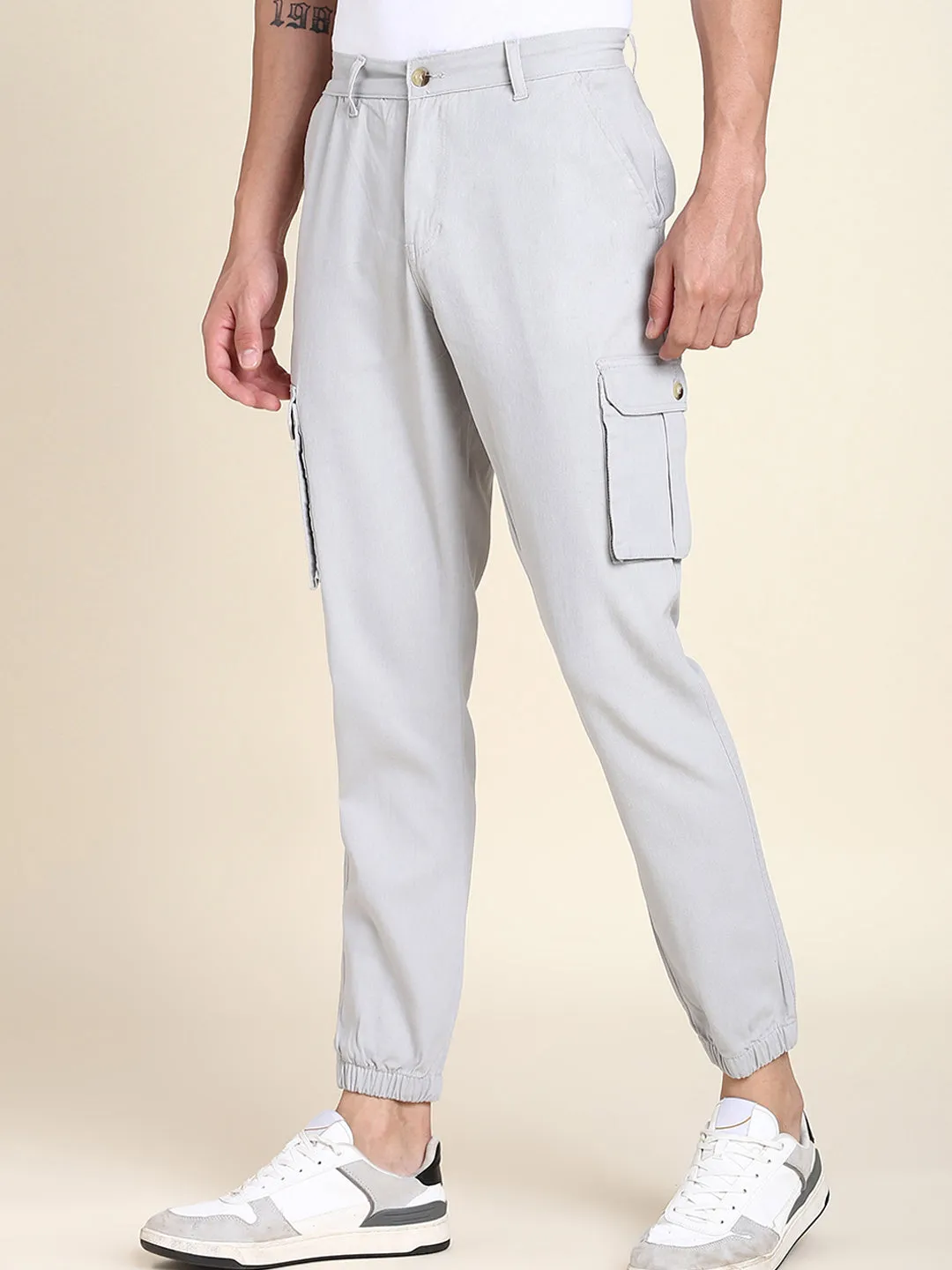 Men's Light Grey Solid Cargo Jogger