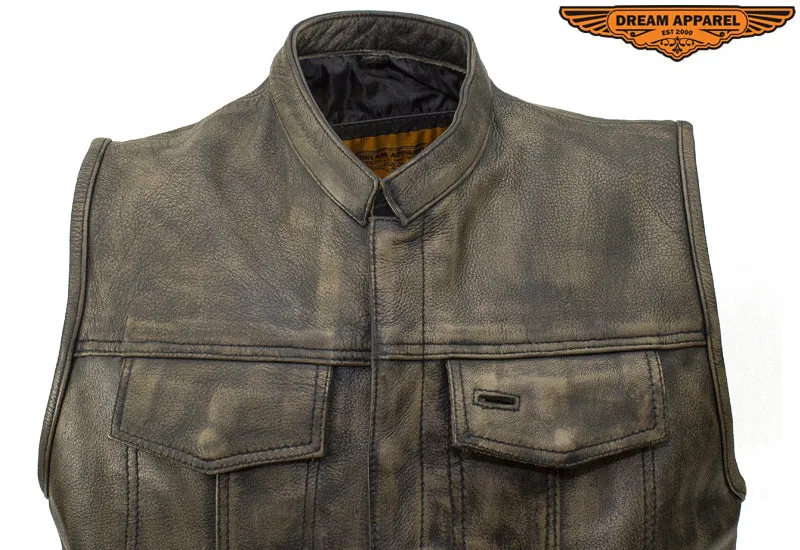 Mens SOA Style Motorcycle Club Vest Distressed Brown Leather