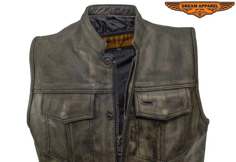 Mens SOA Style Motorcycle Club Vest Distressed Brown Leather