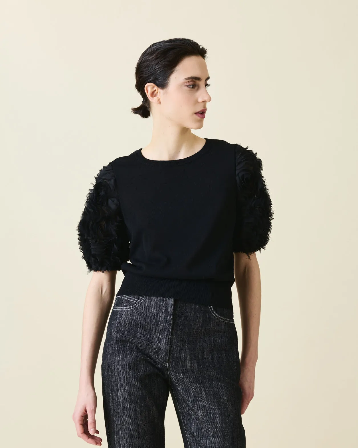 Merino Knit Shirt with 3D Carnation Embroidery