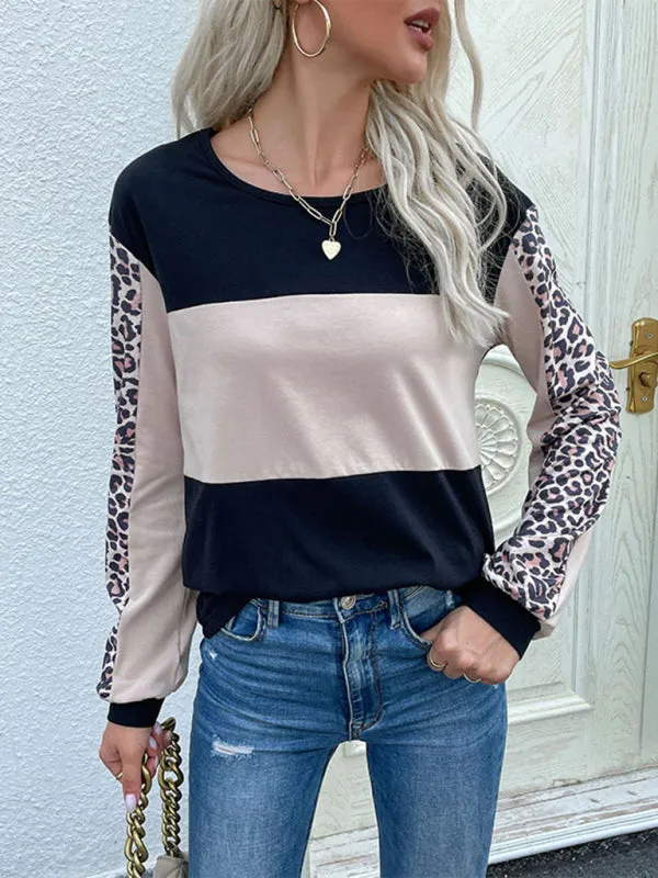 Miley New Fashion Loose Casual Top Leopard Stitching Long Sleeve T-Shirt