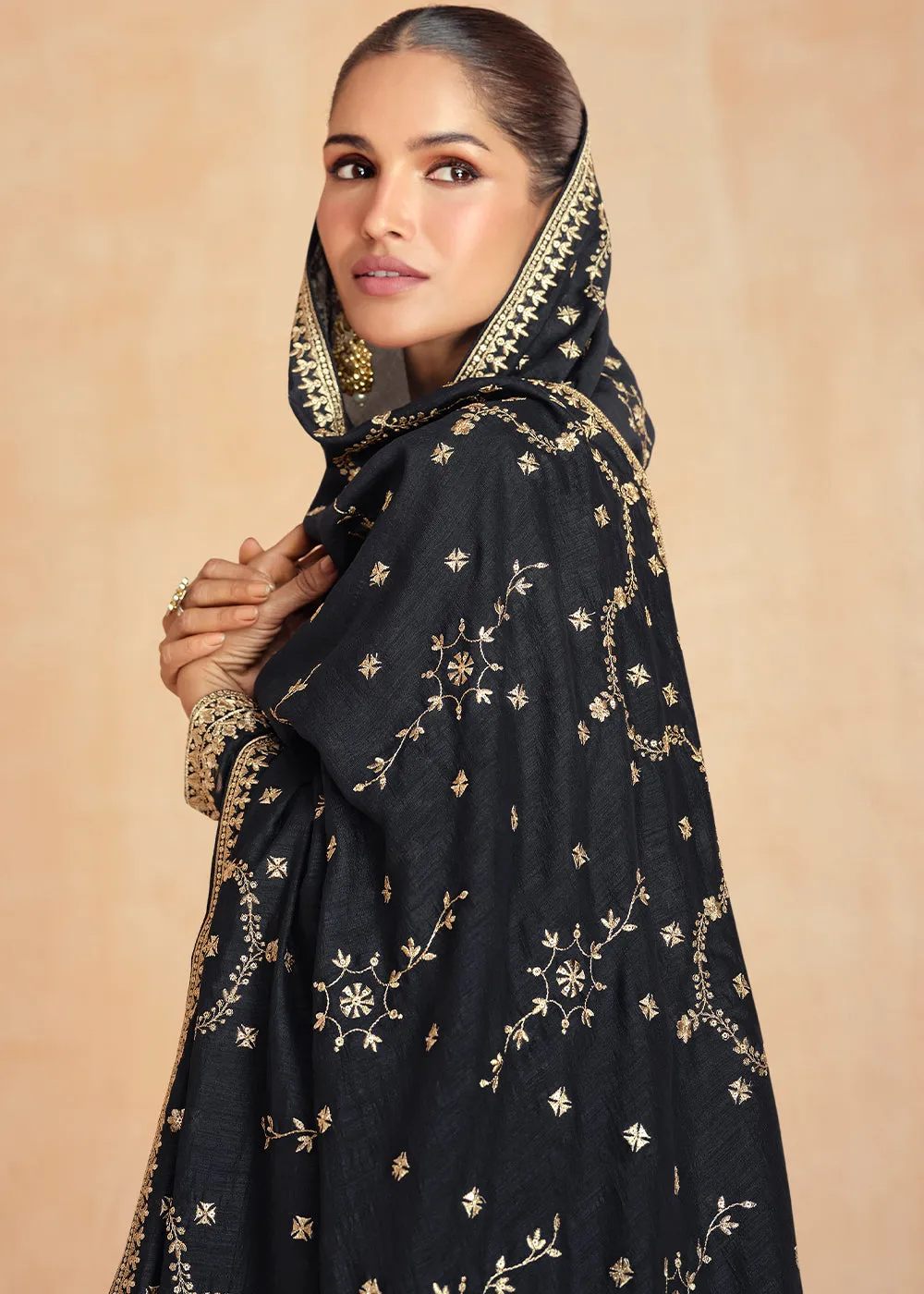 Onyx Black Anarkali Gown Highlighted with Fine Embroidery