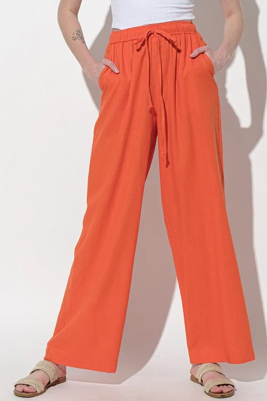 Orange Solid Straight Pants With Elastic Waist Band