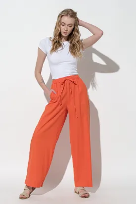 Orange Solid Straight Pants With Elastic Waist Band