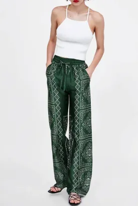 Printed Elastic Waist Wide Leg Pants