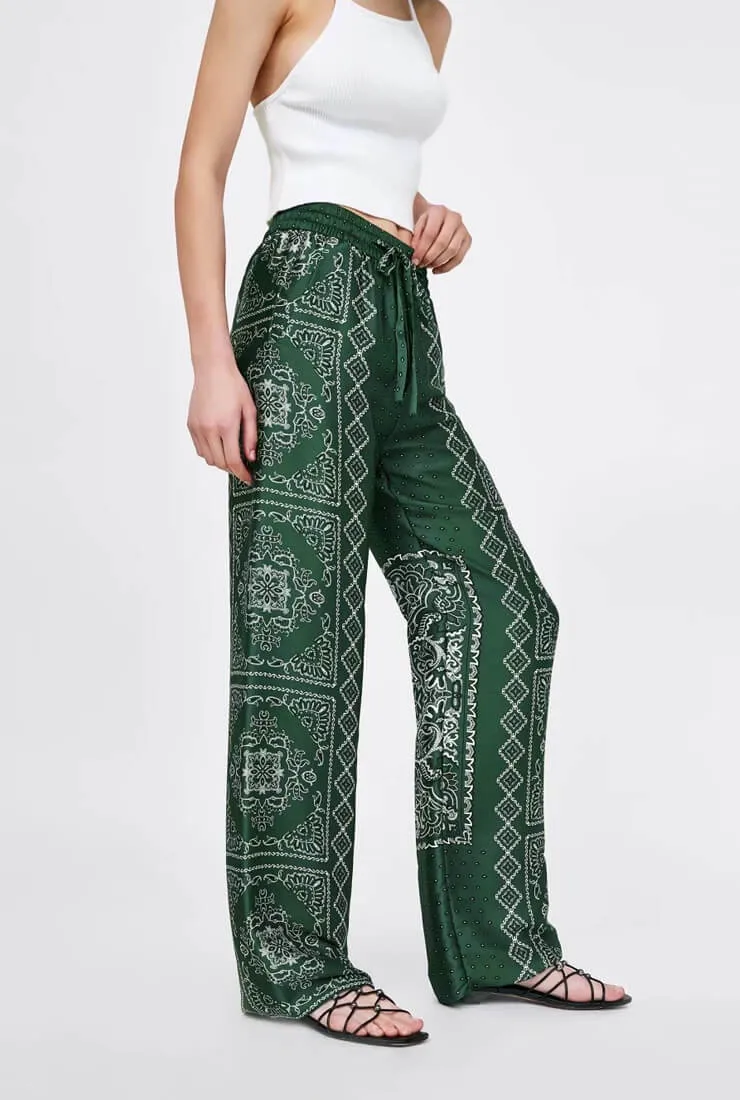 Printed Elastic Waist Wide Leg Pants