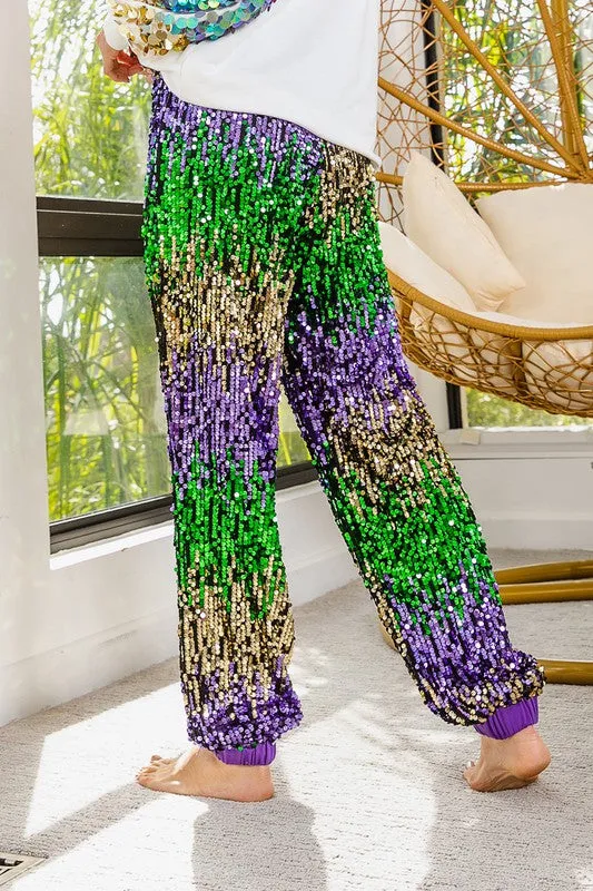 Purple Mardi Gras Sequin Color Block Pants