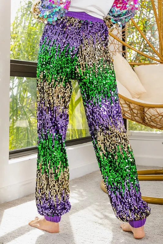 Purple Mardi Gras Sequin Color Block Pants
