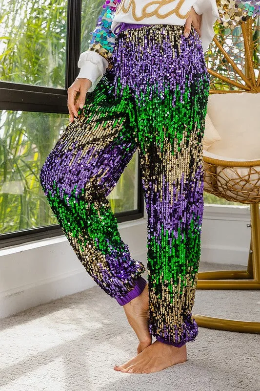 Purple Mardi Gras Sequin Color Block Pants