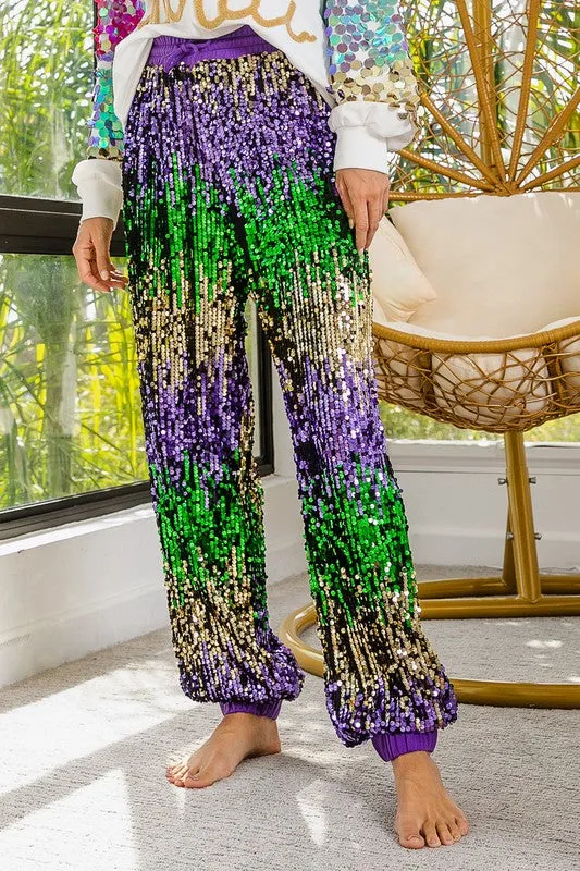 Purple Mardi Gras Sequin Color Block Pants