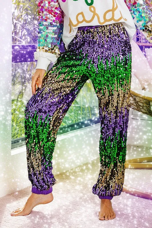 Purple Mardi Gras Sequin Color Block Pants