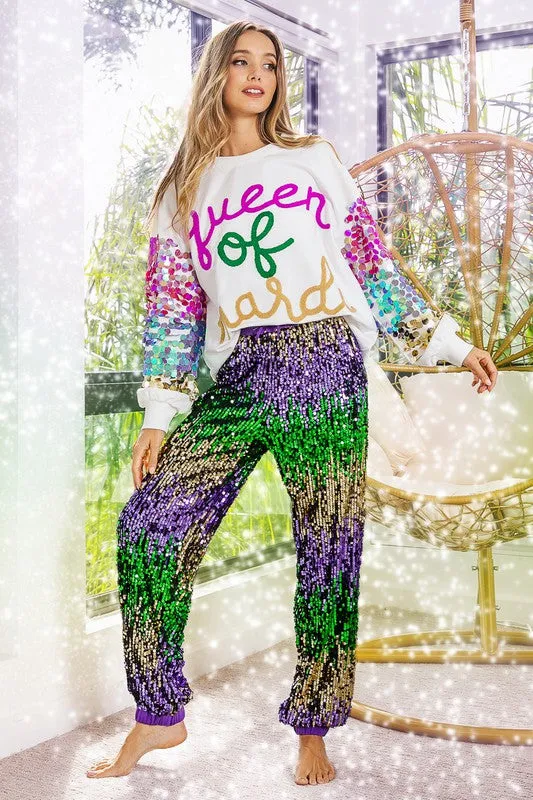 Purple Mardi Gras Sequin Color Block Pants