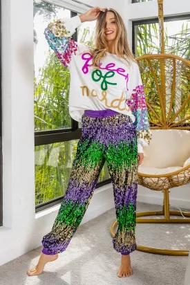 Purple Mardi Gras Sequin Color Block Pants