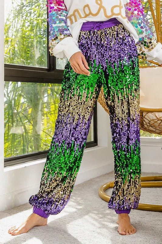 Purple Mardi Gras Sequin Color Block Pants