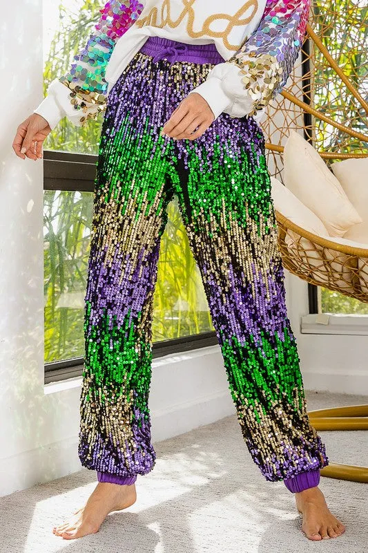 Purple Mardi Gras Sequin Color Block Pants