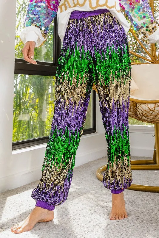 Purple Mardi Gras Sequin Color Block Pants