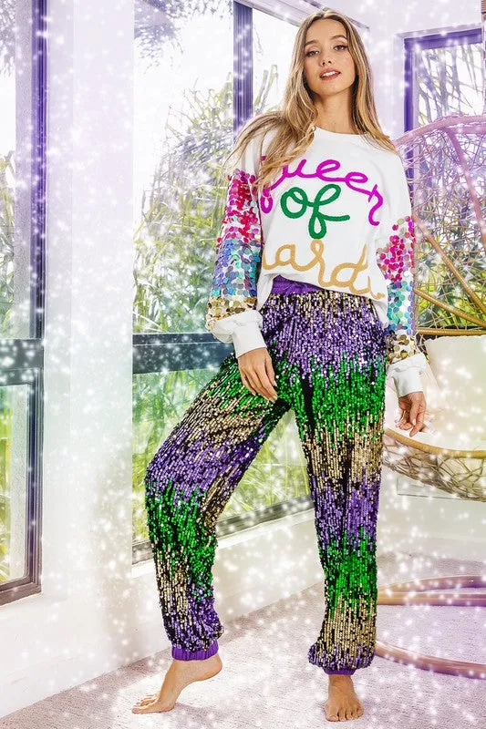 Purple Mardi Gras Sequin Color Block Pants