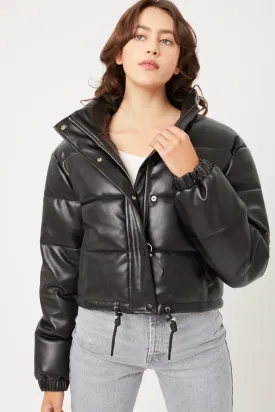 "Snowy Mornings" Black Vegan Leather Puffer Jacket