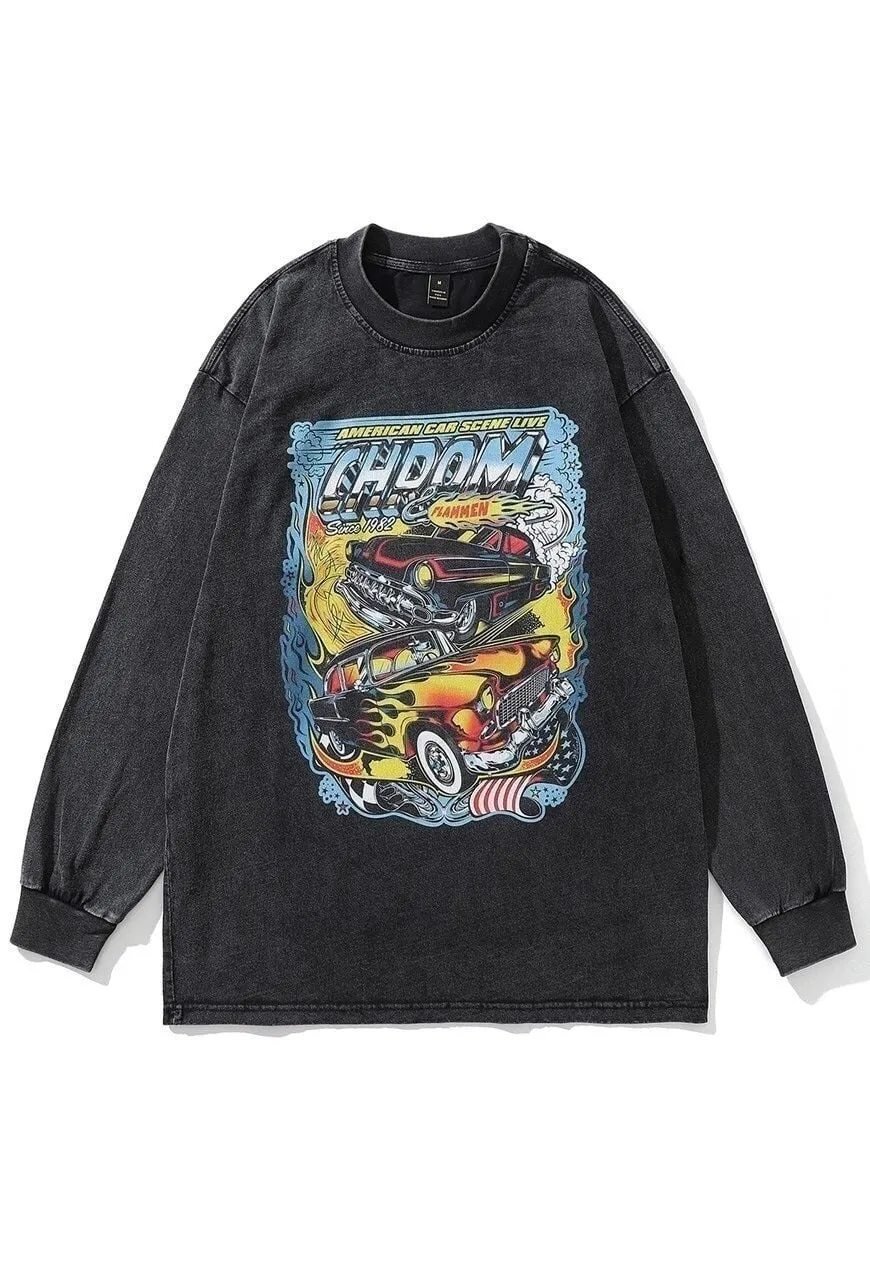 Racing car t-shirt old flame print long tee retro auto top