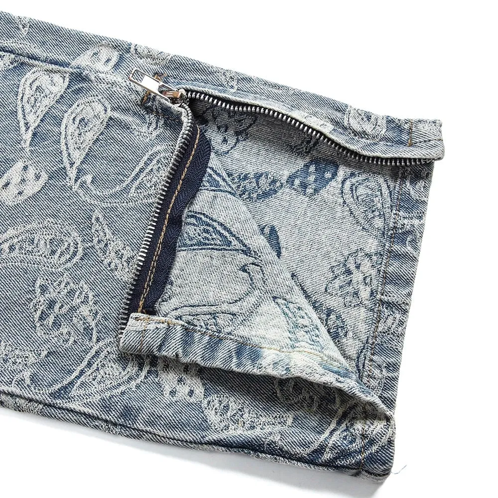 Ripped Denim Jeans with Ankle Zip and Paisley Pattern Embroidery