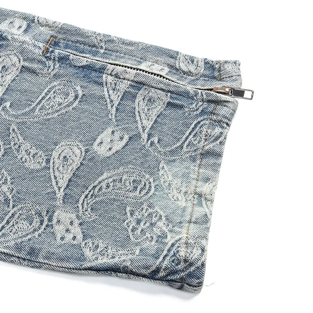 Ripped Denim Jeans with Ankle Zip and Paisley Pattern Embroidery