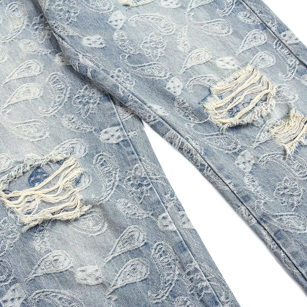 Ripped Denim Jeans with Ankle Zip and Paisley Pattern Embroidery