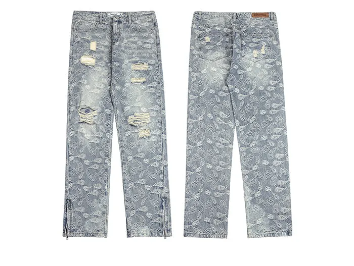 Ripped Denim Jeans with Ankle Zip and Paisley Pattern Embroidery