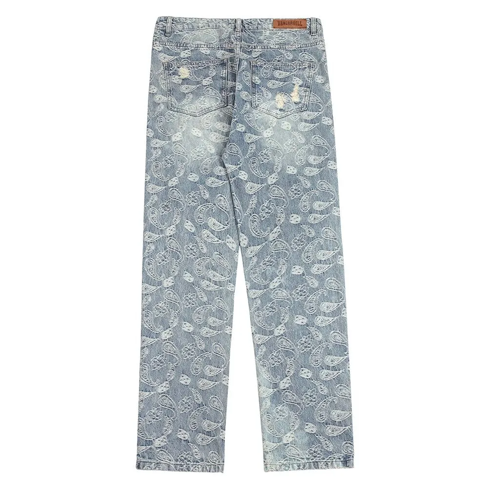 Ripped Denim Jeans with Ankle Zip and Paisley Pattern Embroidery