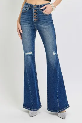 RISEN Distressed Button-Fly Flare Jeans
