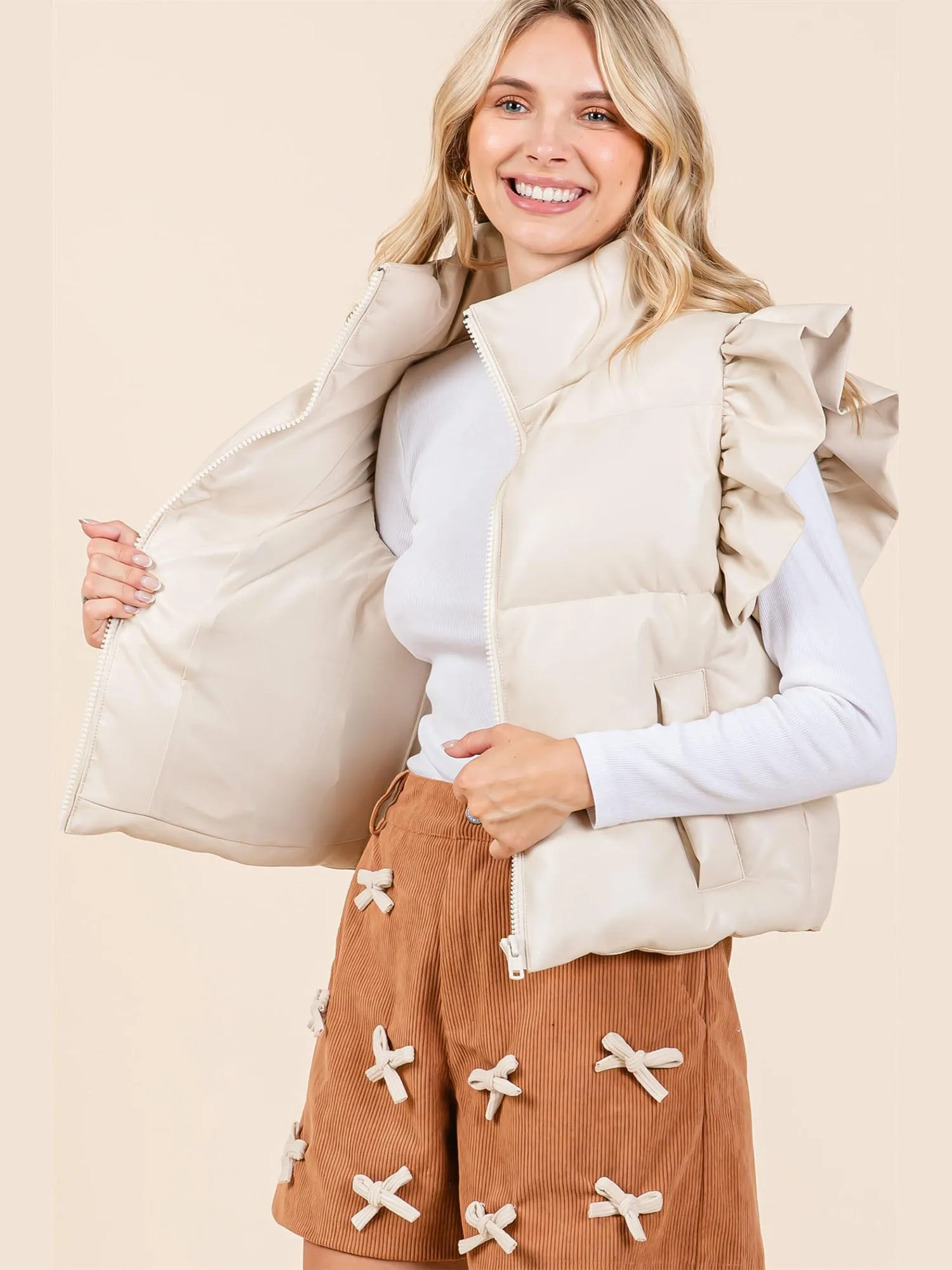Short Sleeves Flutter Sleeve Puffed Outerwear Vest