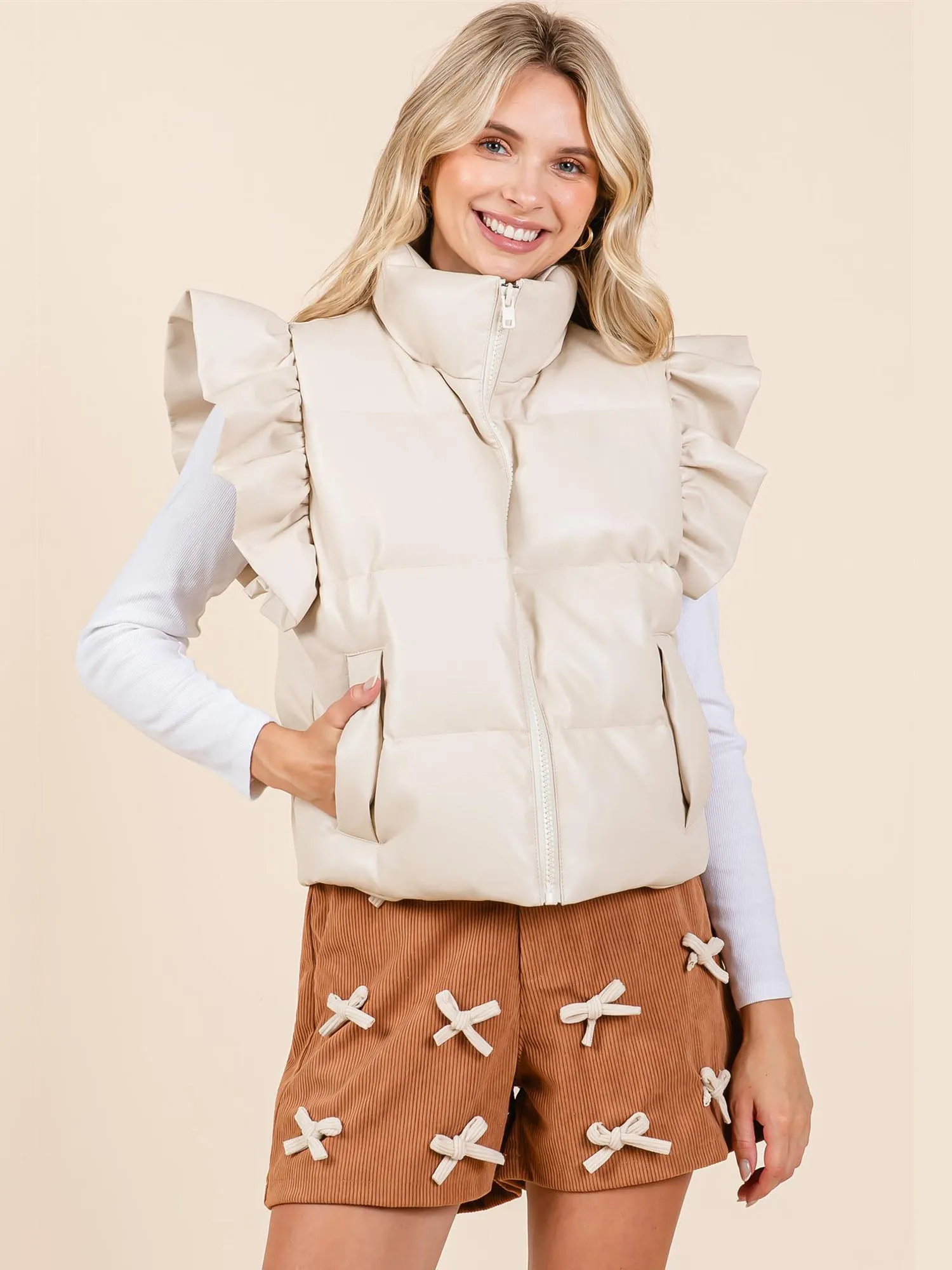 Short Sleeves Flutter Sleeve Puffed Outerwear Vest