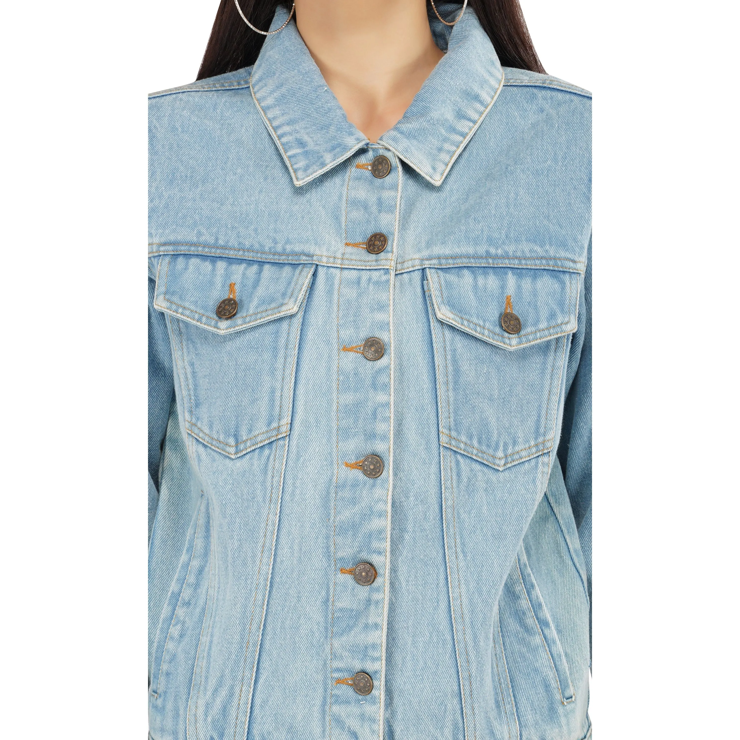 SLAY. Women's Washed Denim Button-Down Vintage Biker Jacket