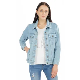 SLAY. Women's Washed Denim Button-Down Vintage Biker Jacket