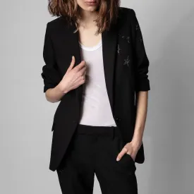 Tailored Blazer Peak Lapel Rhinestone Stars - Black