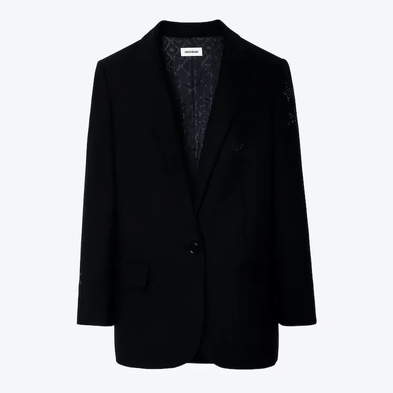 Tailored Blazer Peak Lapel Rhinestone Stars - Black