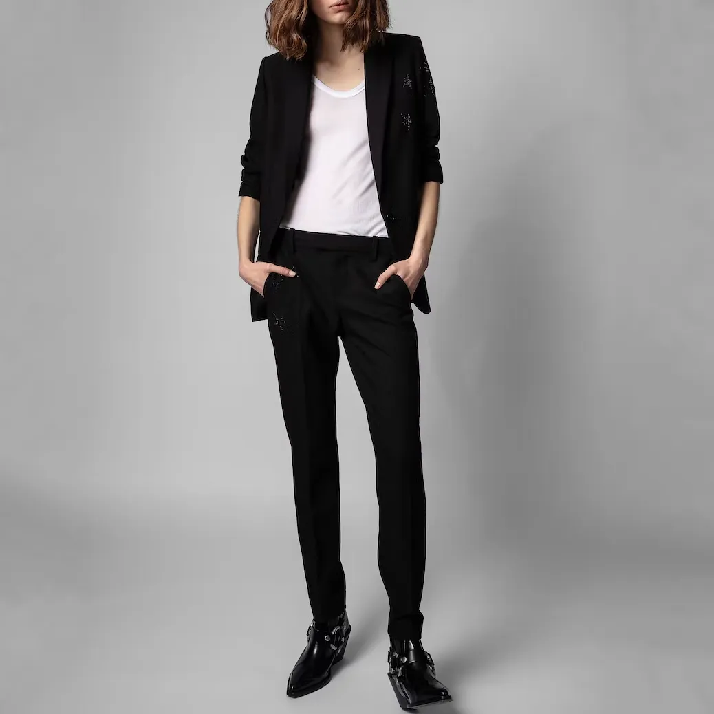 Tailored Blazer Peak Lapel Rhinestone Stars - Black